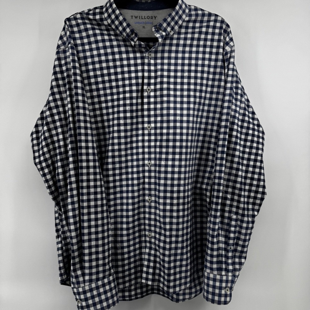 Twillory Untuckable Mens XL Gingham Button Down Shirt Navy White Speckled Nep‎